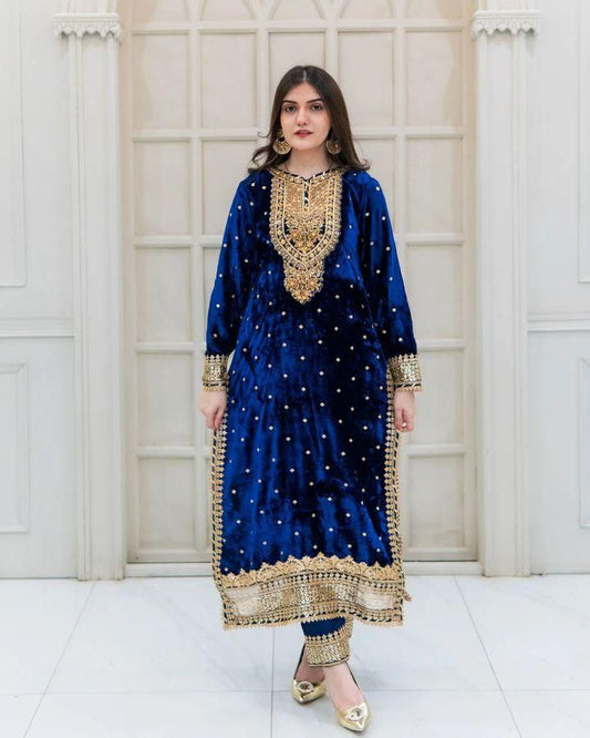 Navy Blue Velvet Embroidery Work Salwar Suit By WTW