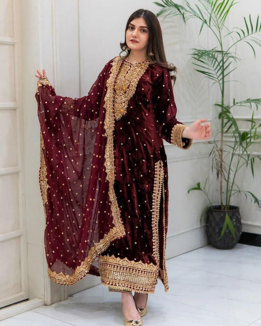 Exciting Marron Color Velvet Georgette Embroidery Sequence Salwar Suit By WTW