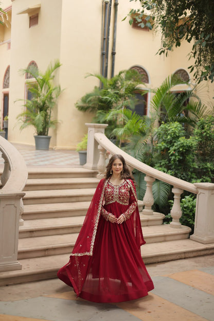 Maroon Alia Cut Embroidered Anarkali Gown Set By WTW