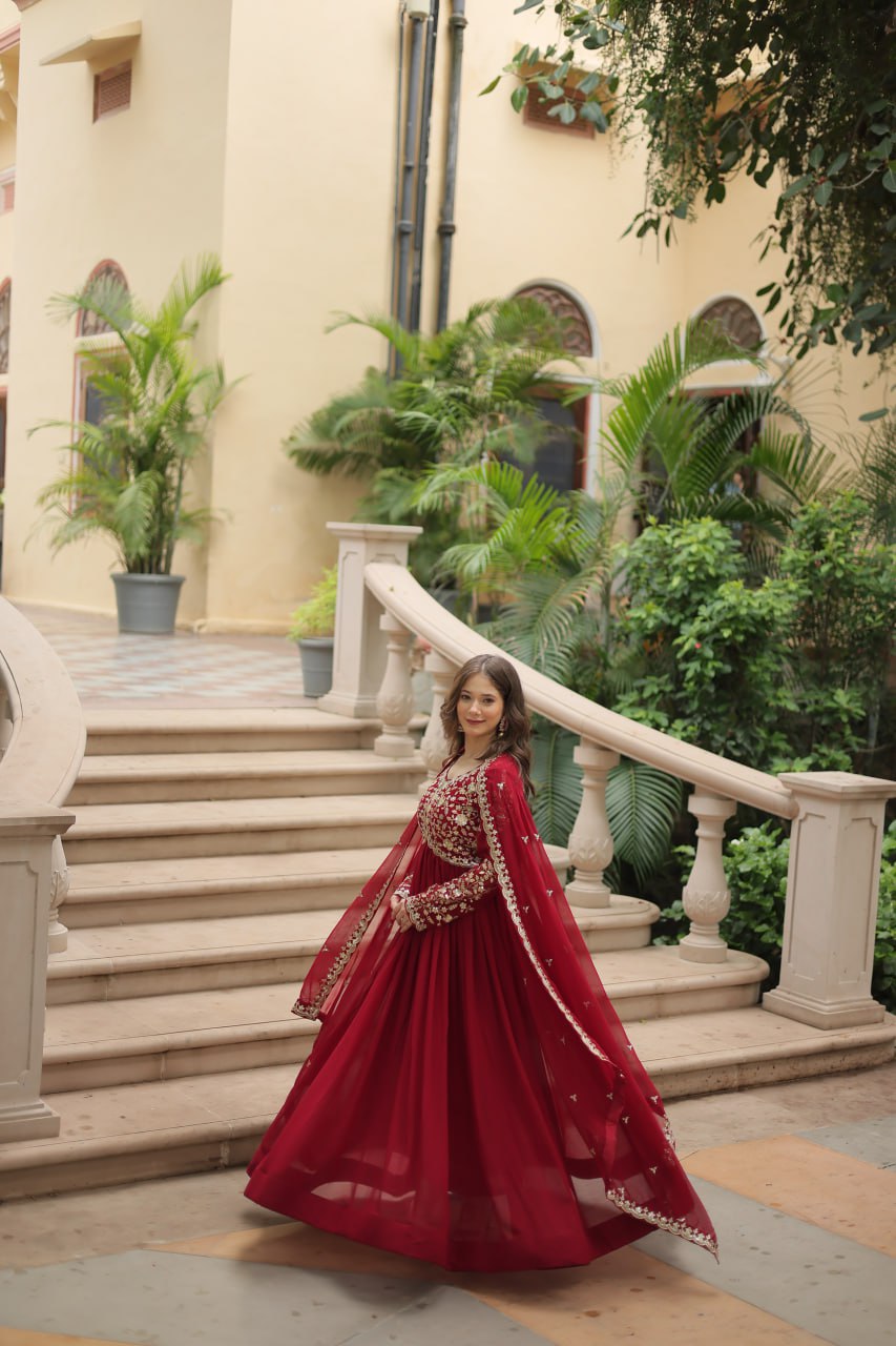 Maroon Alia Cut Embroidered Anarkali Gown Set By WTW