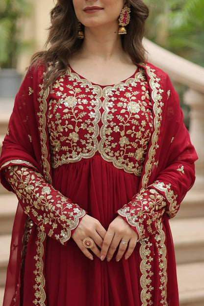 Maroon Alia Cut Embroidered Anarkali Gown Set By WTW