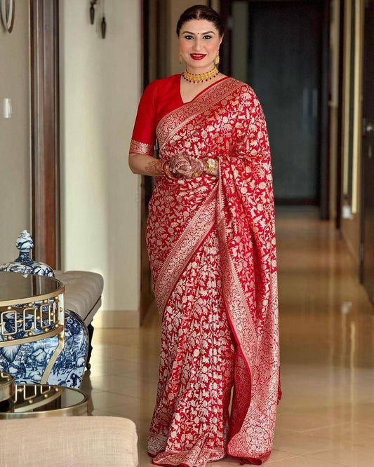 Red Woven Designer Banarasi Silk Kanjivaram Saree With Unstitched Blouse By WTW