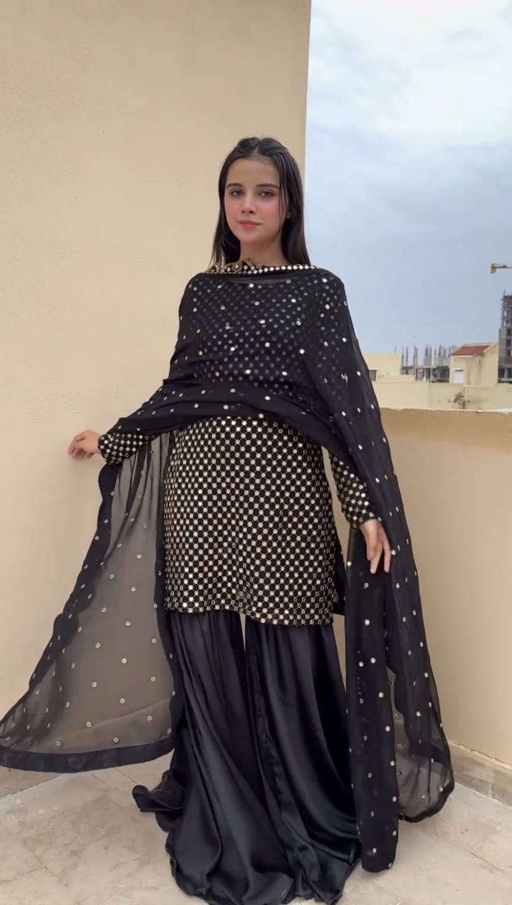 Classic Looking Black Color Faux Georgette With Thread And Sequence Work Sharara By WTW