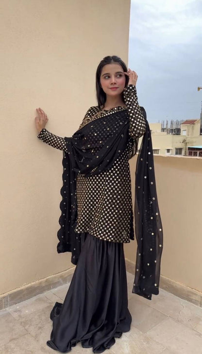 Classic Looking Black Color Faux Georgette With Thread And Sequence Work Sharara By WTW