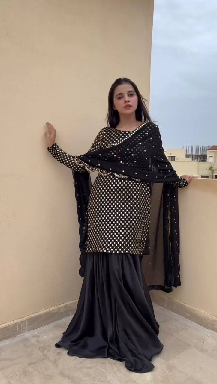 Classic Looking Black Color Faux Georgette With Thread And Sequence Work Sharara By WTW