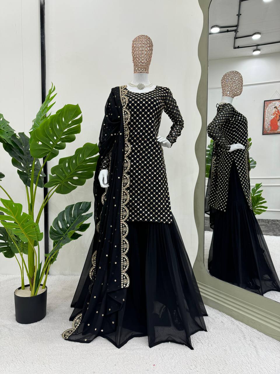 Classic Looking Black Color Faux Georgette With Thread And Sequence Work Sharara By WTW