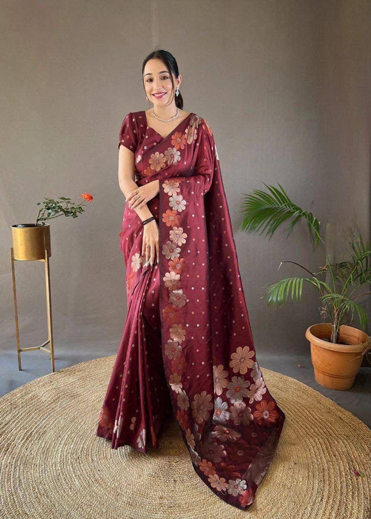 Maroon Zari Woven Silk Saree Set By WTW