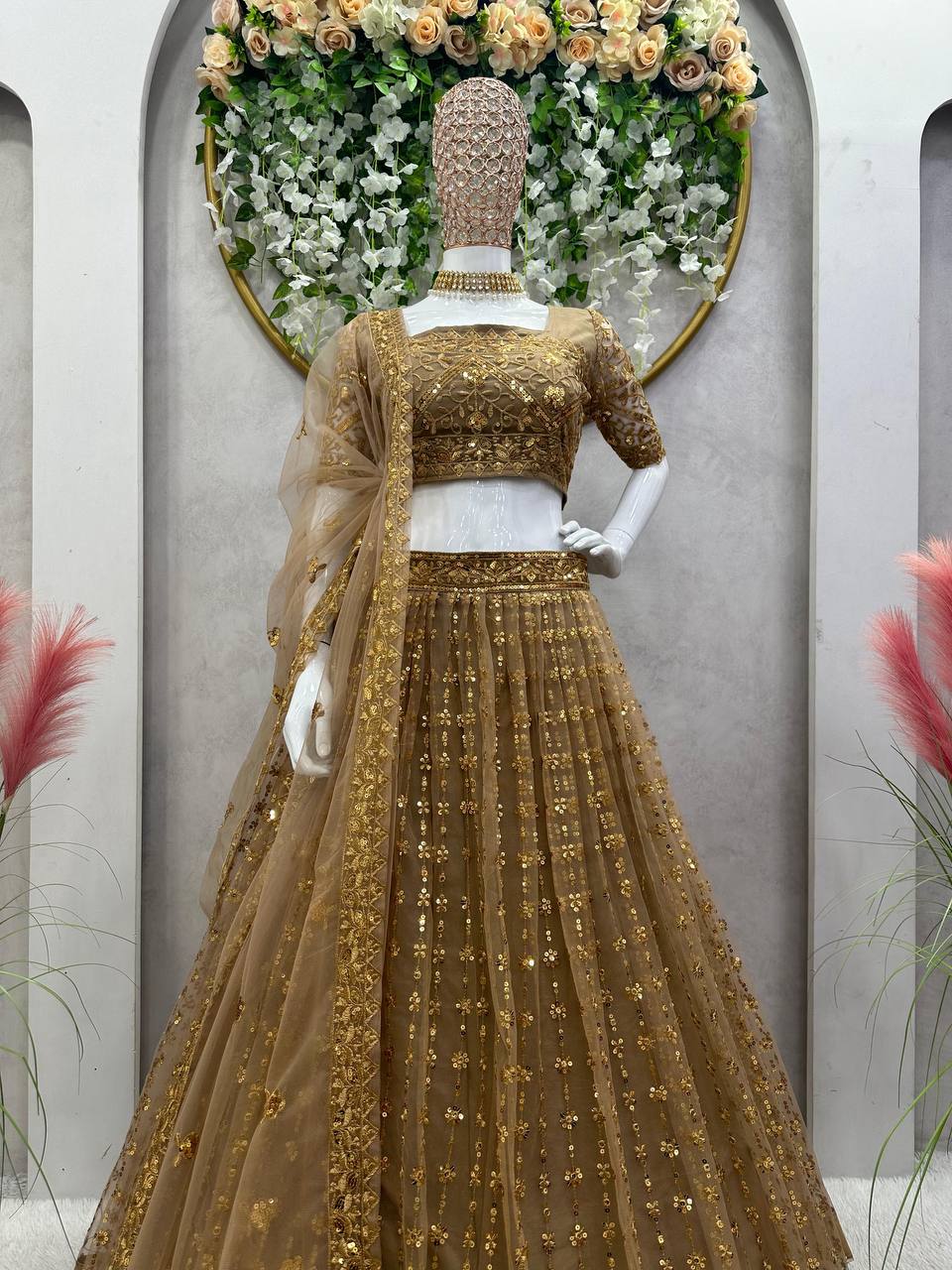 Admiring Beige Color Work Butterfly Net Lehenga Choli By WTW