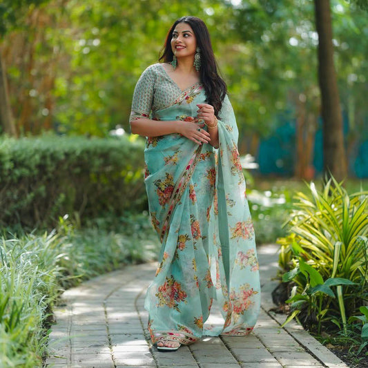 Flower Design Pista Color Saree For Wedding By WTW