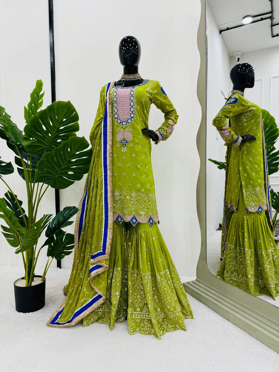 Exciting Mehndi Green Color Foux Gorgette Embroidery Sequence Salwar Suit By WTW