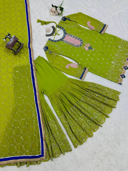 Exciting Mehndi Green Color Foux Gorgette Embroidery Sequence Salwar Suit By WTW