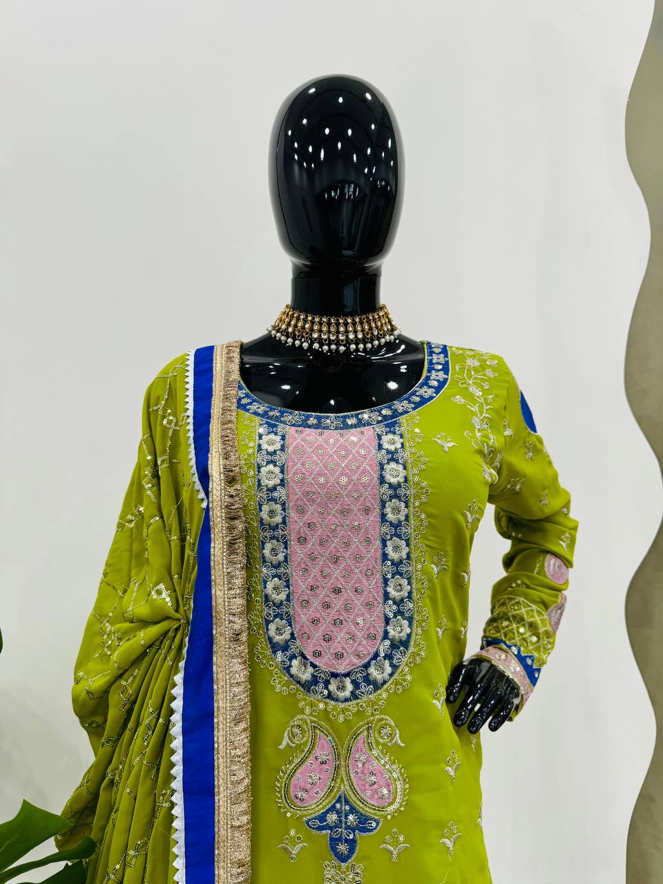 Exciting Mehndi Green Color Foux Gorgette Embroidery Sequence Salwar Suit By WTW