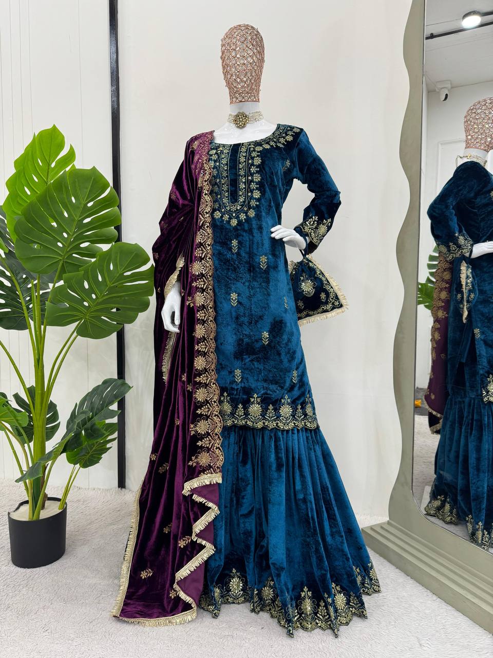 Rama Blue Velvet Sequence Embroidery Work Sharara Suit By WTW