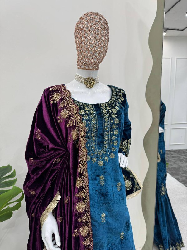 Rama Blue Velvet Sequence Embroidery Work Sharara Suit By WTW