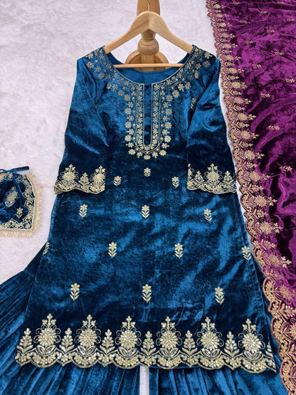 Rama Blue Velvet Sequence Embroidery Work Sharara Suit By WTW