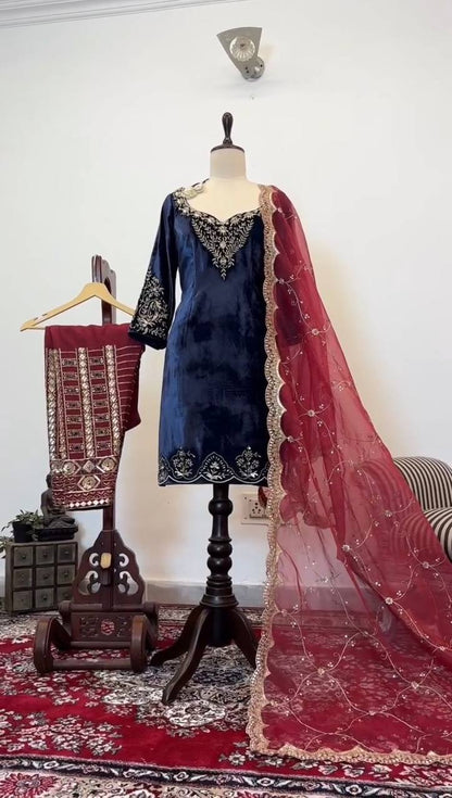 Special Navy Blue Color Viscos Velvet Thread With Sequnce Salwar Suit By WTW