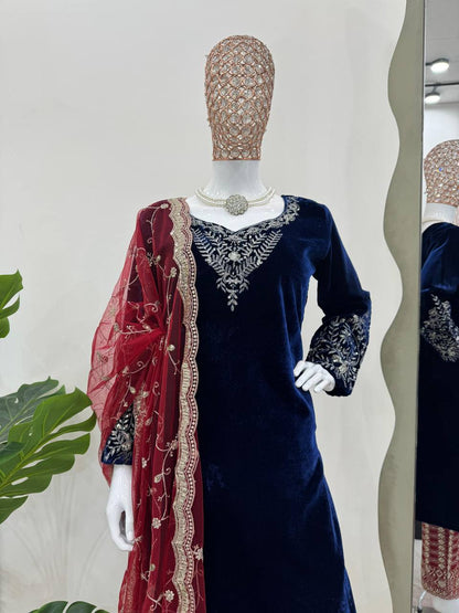 Special Navy Blue Color Viscos Velvet Thread With Sequnce Salwar Suit By WTW