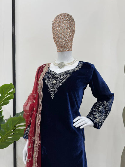 Special Navy Blue Color Viscos Velvet Thread With Sequnce Salwar Suit By WTW