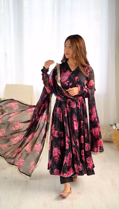 Black Indian Designer Gown With Beautiful Floral Print And Dupatta By WTW