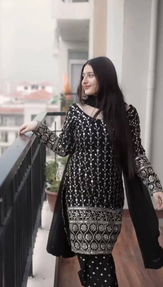 Faux Blooming Sequins Embroidered Stitched Black Suit By WTW