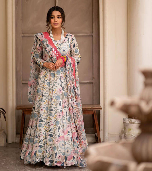Off White Chinon Digital Printed Anarkali Suit By WTW