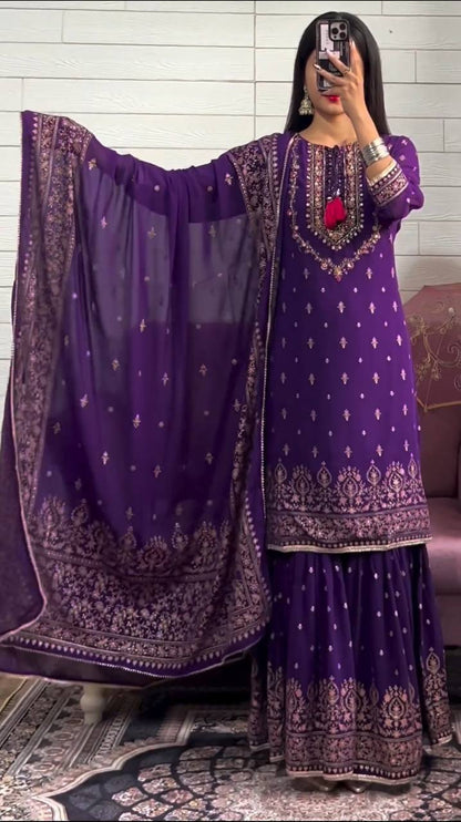 Purple Designer Top Sharara Suit In Chinon With Sequence Embroidery Work By WTW