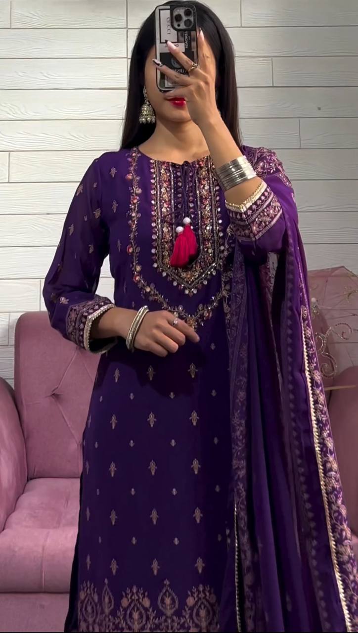 Purple Designer Top Sharara Suit In Chinon With Sequence Embroidery Work By WTW