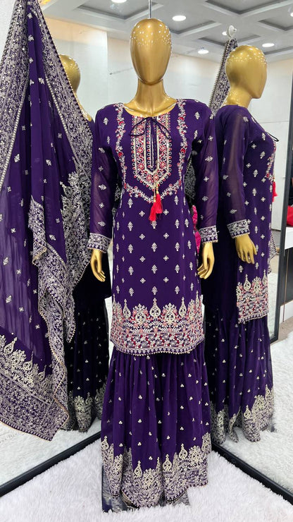 Purple Designer Top Sharara Suit In Chinon With Sequence Embroidery Work By WTW