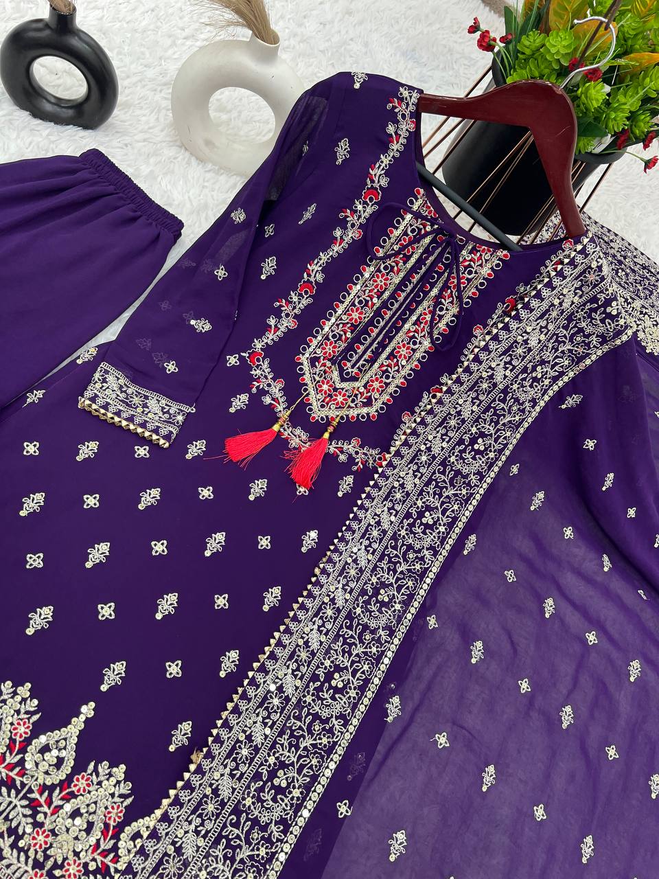 Purple Designer Top Sharara Suit In Chinon With Sequence Embroidery Work By WTW