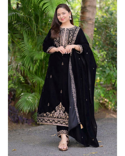 Black Golden Handwork Premium Velvet Suit By WTW