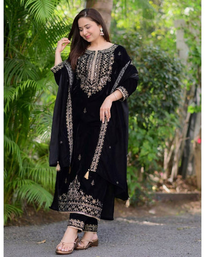 Black Golden Handwork Premium Velvet Suit By WTW