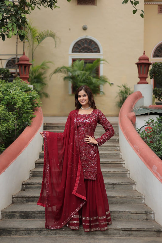 Faux Georgette Maroon Embroidered Readymade Salwar Kameez By WTW