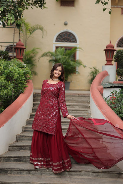 Faux Georgette Maroon Embroidered Readymade Salwar Kameez By WTW