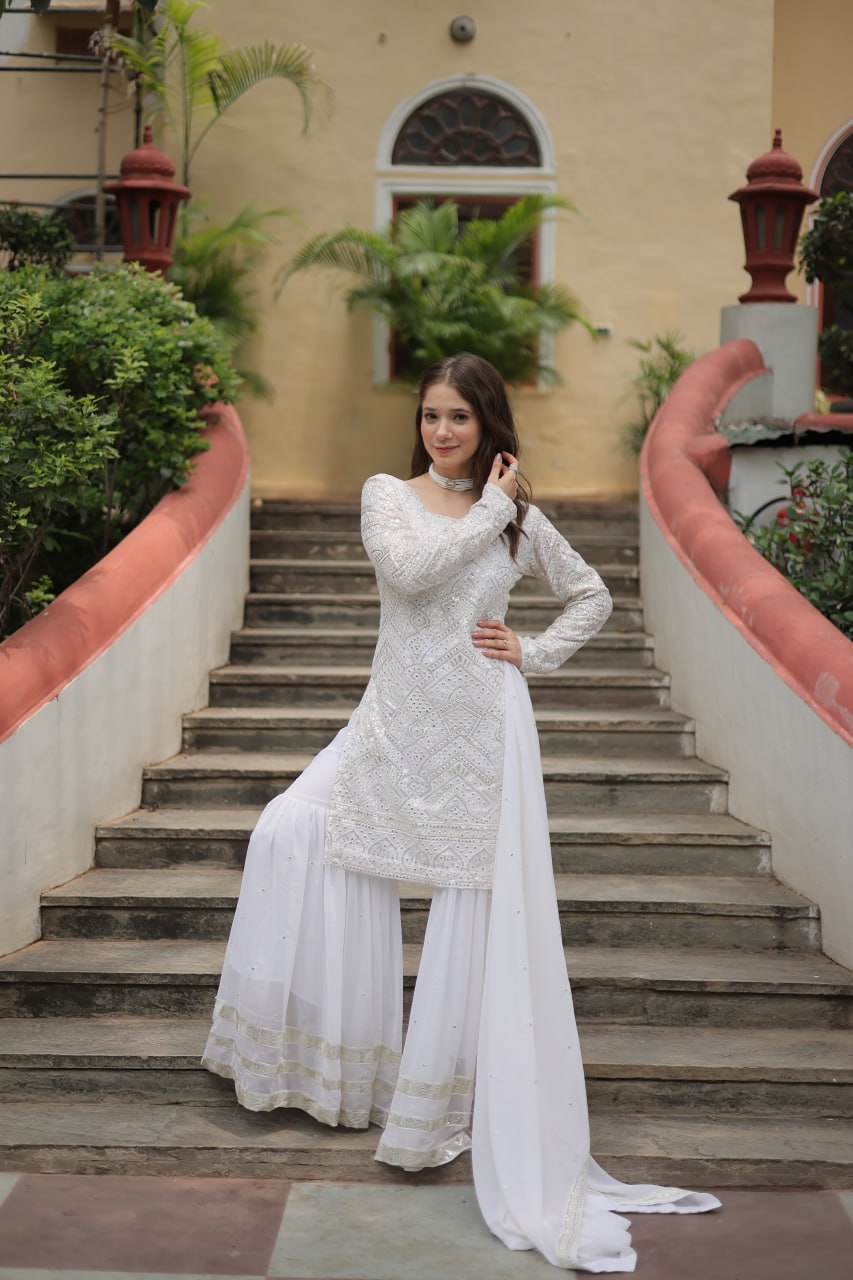 Georgette Embroidered Readymade Salwar Kameez In White By WTW