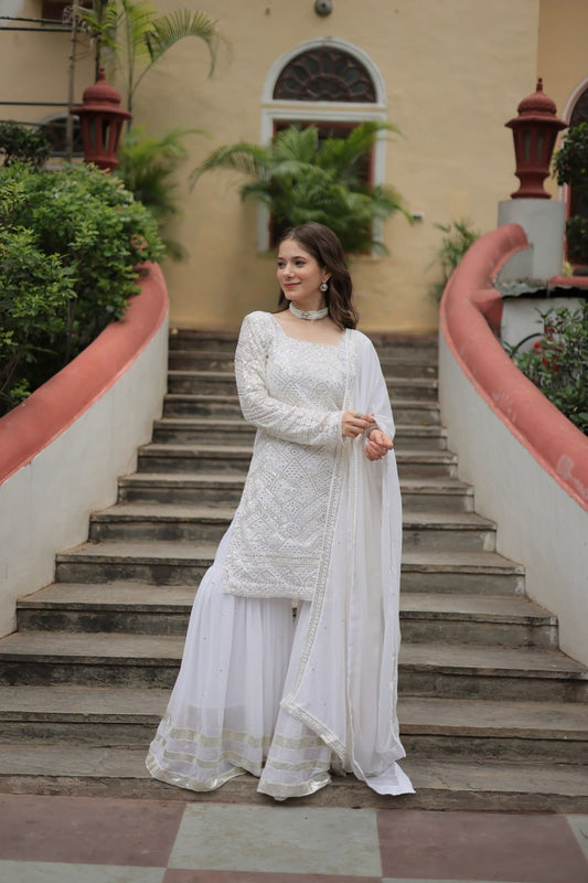 Georgette Embroidered Readymade Salwar Kameez In White By WTW