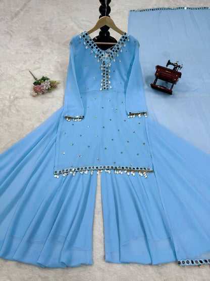 Eva Sky Blue Mirror Work Kurti Plazzo Set By WTW