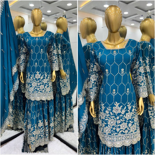 Rama Blue Chinon Silk Sequence Embroidery Work Sharara Suit By WTW