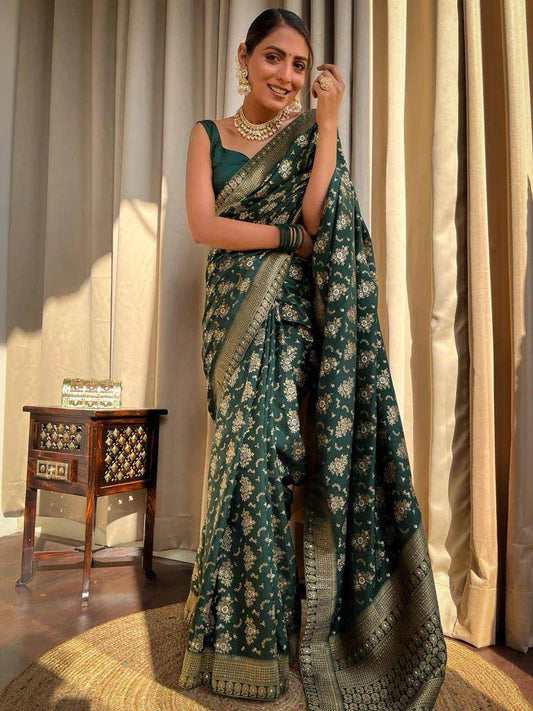 Dark Green Banarasi Soft Silk Saree With Copper Zari Weaving And Brocade Blouse By WTW