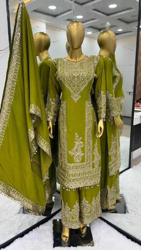 Grand Green Color Chinnon Silk Embroidery Coding Salwar Suit By WTW