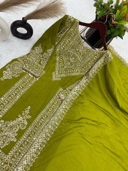 Grand Green Color Chinnon Silk Embroidery Coding Salwar Suit By WTW