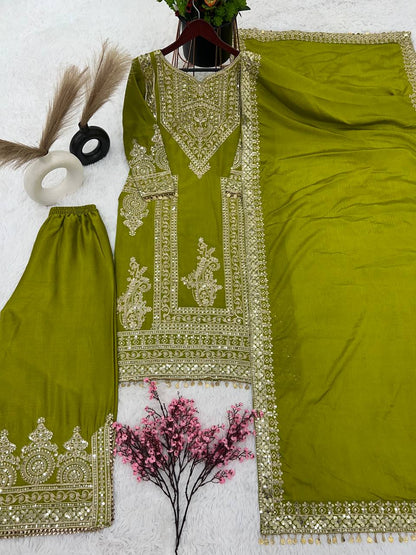 Grand Green Color Chinnon Silk Embroidery Coding Salwar Suit By WTW