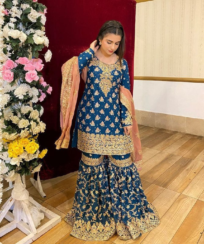 Designe Blue Kurti Sharara With Dupatta For Wedding Occasions By WTW