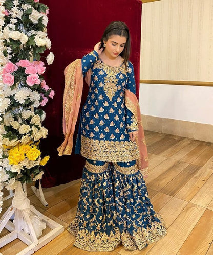 Designe Blue Kurti Sharara With Dupatta For Wedding Occasions By WTW