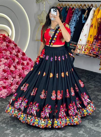 Black Ryon Cotton Chain Stitch Work Lehenga Choli By WTW