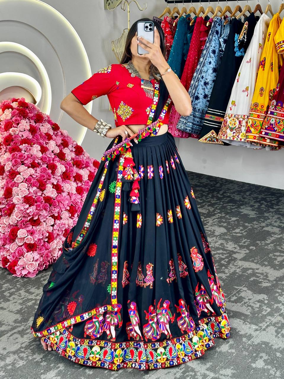 Black Ryon Cotton Chain Stitch Work Lehenga Choli By WTW