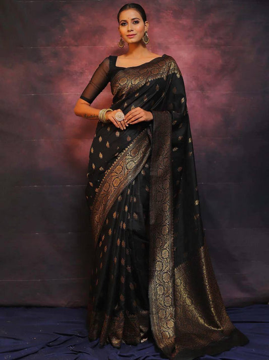 Black Banarasi Silk Woven Saree By WTW