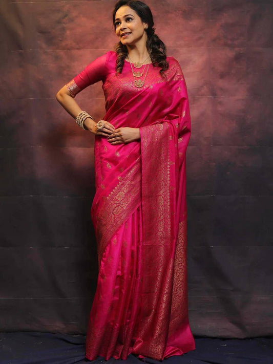 Pink Banarasi Silk Woven Saree By WTW