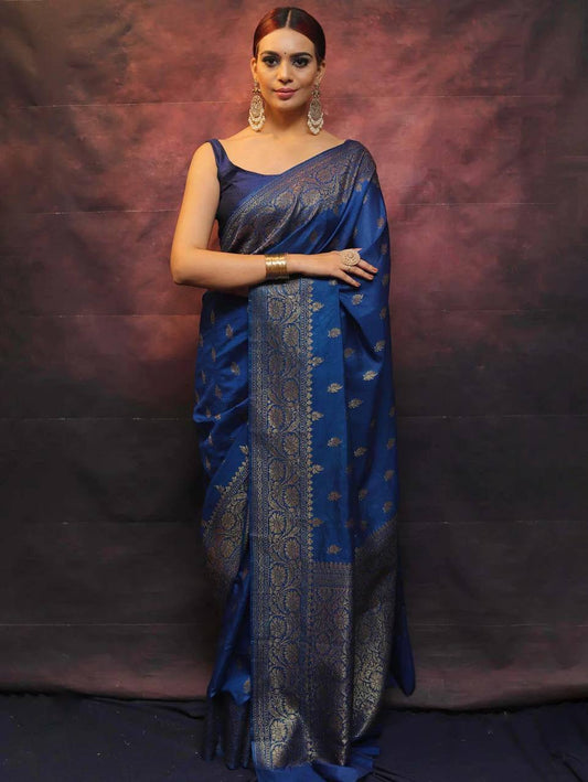 Precious Blue Soft Silk Saree With Flamboyant Blouse Piece By WTW