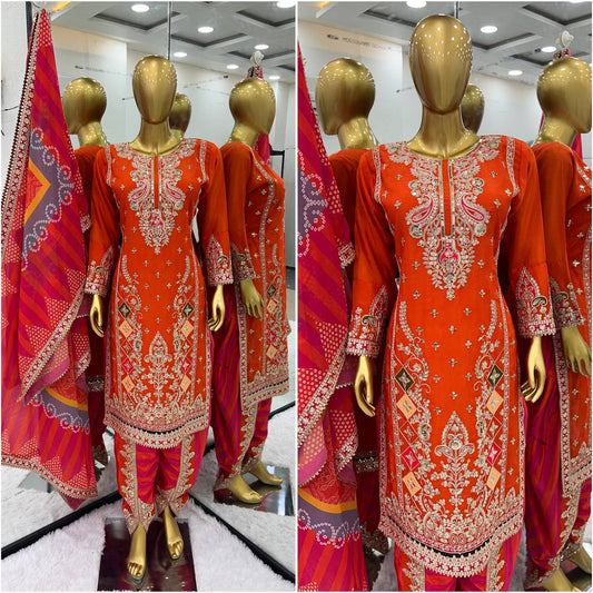 Grand Red Color Chinnon Embroidery Sequence Sharara Suit By WTW