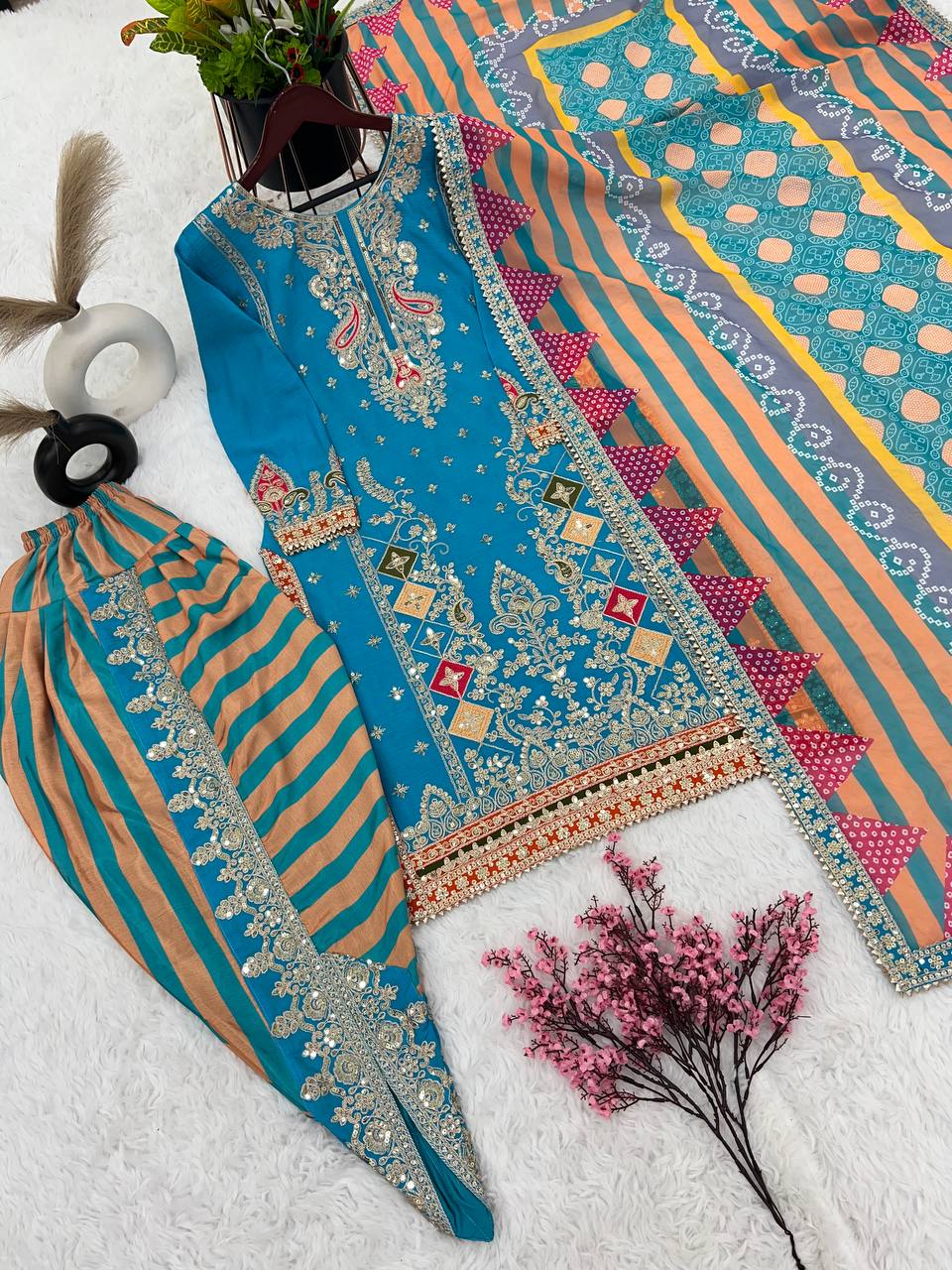 Grand Blue Color Chinnon Embroidery Sequence Sharara Suit By WTW